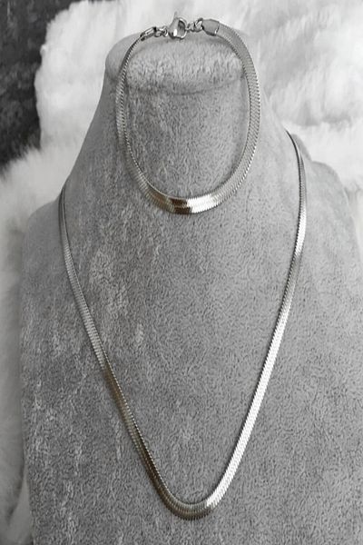 Birmem Italian Style Steel Herringbone Necklace & Bracelet Set - Stylish and Elegant"