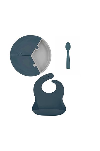 OiOi Portion Puzzle Deep Blue Plate & Basic Apron & Nam Nam Spoon Set