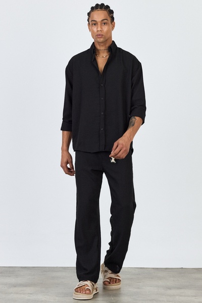 MADZEYMODA Premium New Season Men's Summer Comfortable Fit Shirt & Pants Bottom Top Black Linen Suit Ls-3298