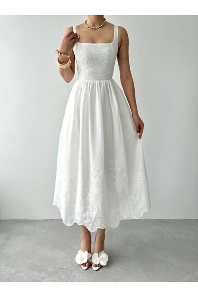 Julidress White Embroidery Detailed Lined Strap Long Length Premium Dress