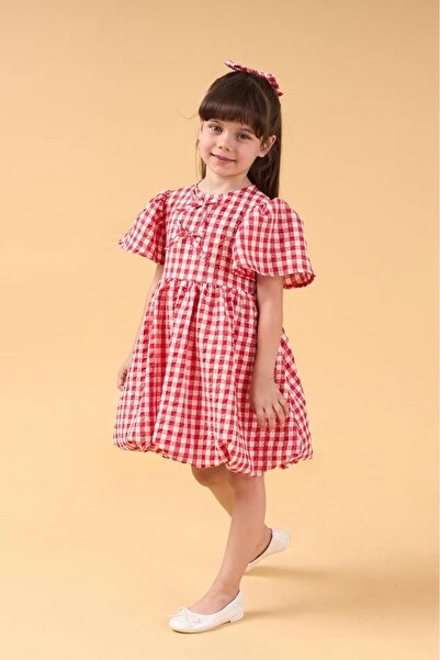Magu Girl's Cotton Red Plaid Balloon Skirt Dress