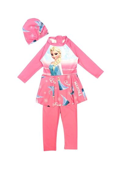 Şekerkids Kız Çocuk Pembe Renk Karlar Ülkesi Desenli Uzun Kollu ve Boneli Tulum Mayo