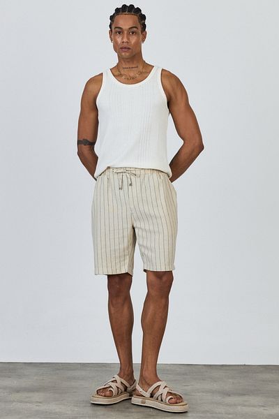 MADZEYMODA Premium ανδρικό ελαστικό σορτς μέσης 100% βαμβακερό μαύρο ριγέ εκρού υφαντό σορτς LS-93111