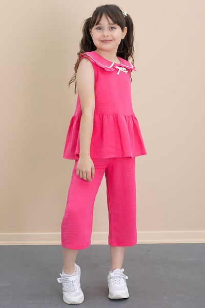 Cansın Mini Fuchsia Zero Sleeve Baby Collar Blouse and Trousers Girl's 2 Piece Set 21031