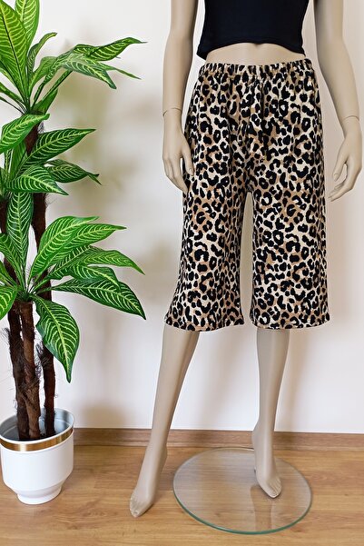 VİP BERA TEKSTİL Kadın Leopar Baskılı Likralı Burgu Kumaş Dökümlü Bermuda Alt
