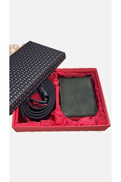 Omarder Deri Green Men's Wallet with Gift Box, Black Belt Set