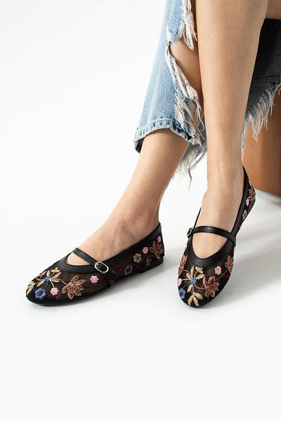 ELAIA SHOES Lilia Tulle Fabric Embroidered Women's Ballerina Ballerina Black