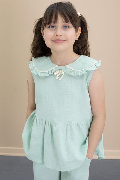 Cansın Mini Green Zero Sleeve Baby Collar Blouse and Trousers Girl's 2 Piece Set 21032