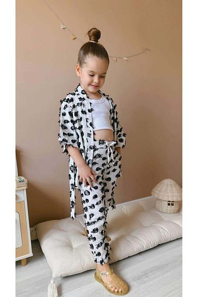 Magu Girl's Cotton White Tassel Detailed Kimono and Pants Set