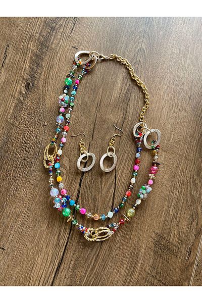 Büyük Hanım Retro Style Colorful Beads Elegant Necklace Earrings Set