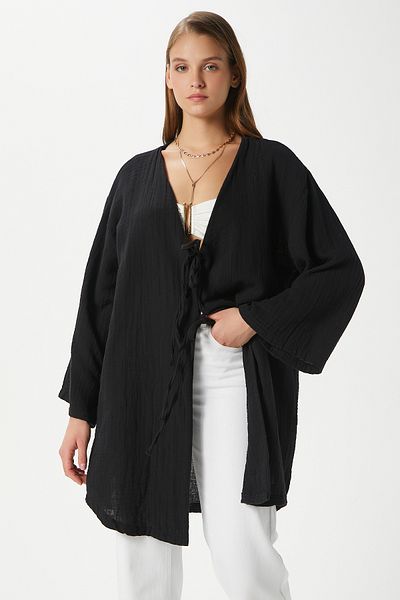 Ritnice Kimono negru cu șireturi Sandra, 100% bumbac, muselină