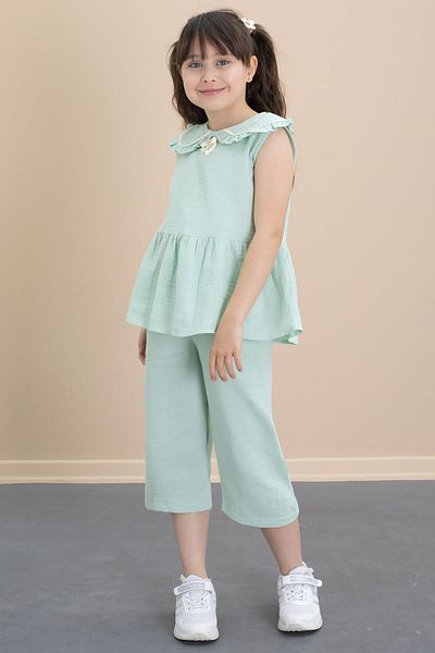Cansın Mini Green Zero Sleeve Baby Collar Blouse and Trousers Girl's 2 Piece Set 21032