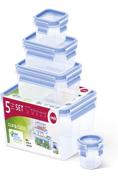 emsa Clip & Close 5-Piece Storage Box Set – Transparent/Blue, Various Sizes