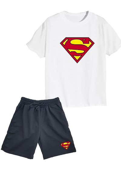 makiteks Комплект от 2 памучни шорти с щампа за момче, тениска Superman01 5 6 7 8 9 10 11 12 13 14 години
