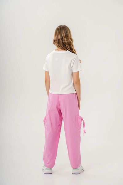 Magu Girl's Cotton White Floral Printed T-Shirt and Pink Pocket Pants Set
