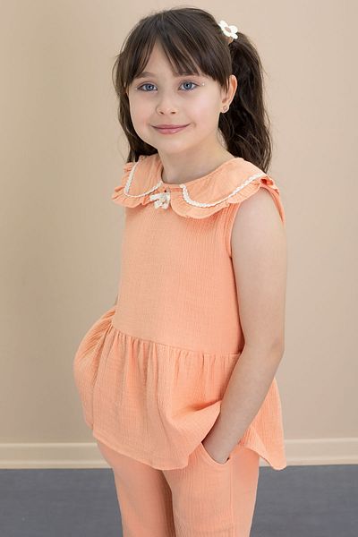 Cansın Mini Orange Zero Sleeve Baby Collar Blouse and Trousers Girl's 2 Piece Set 21030