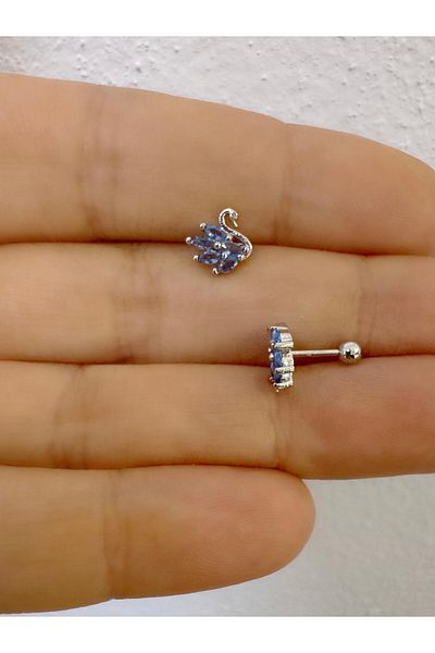 Arescollection 1 Piece Blue Zircon Stone Swan Tragus Helix Cartilage Lobe Matching Piercing Earring