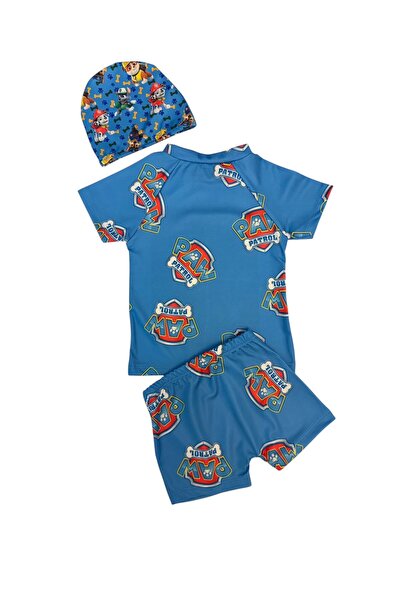 Şekerkids طقم ملابس سباحة قصيرة وقبعة منقوشة على شكل جرو لطيف باللون الأزرق للأولاد
