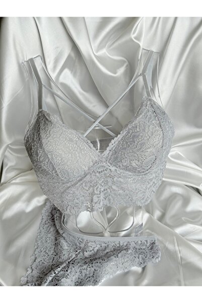 Nuzabi Belinda Nude Gray Cross String Underwireless Paddingless Lace Bralette Suit