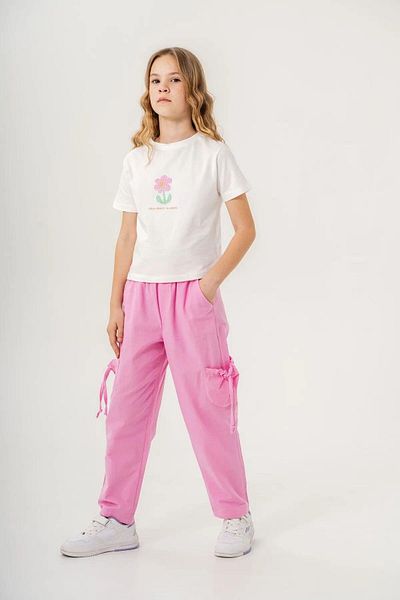 Magu Girl's Cotton White Floral Printed T-Shirt and Pink Pocket Pants Set