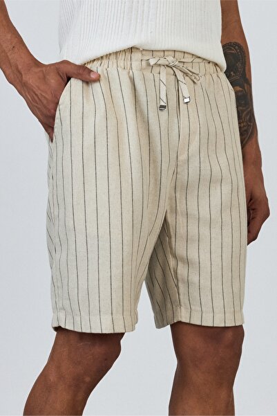 MADZEYMODA Premium Men's Elastic Waist 100% Cotton Black Striped Ecru Woven Shorts Ls-93111