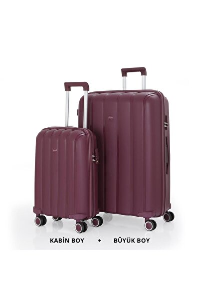 MÇS Bavul Büyük ve Kabin 2li Set Kırılmaz Silikon Valiz V305 Mürdüm