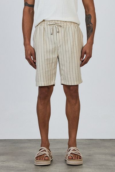 MADZEYMODA Premium ανδρικό ελαστικό σορτς μέσης 100% βαμβακερό μαύρο ριγέ εκρού υφαντό σορτς LS-93111
