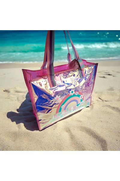 Dream Vest Pink Hustle Your Heart Out Printed Beach Shoulder Bag with Transparent Hologram