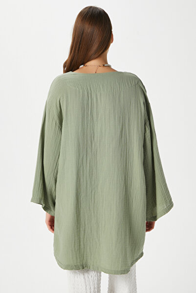 Ritnice Women's Sandra 100% Cotton Muslin Lace-Up Khaki Kimono