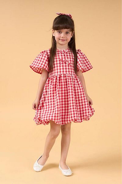 Magu Girl's Cotton Red Plaid Balloon Skirt Dress