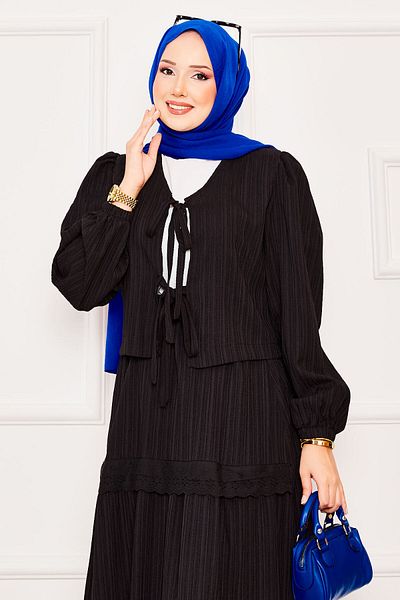 EBRUTESETTÜR Kimonolu Hijab Skirt Set with Lace Detail on the Front