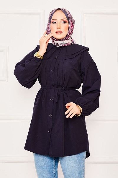 EBRUTESETTÜR Double Collar Lace-Up Waist Hijab Shirt