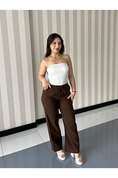 ELSEBUTİKTR Women's Muslin Waist Lace-Up Double Pocket Brown Color Summer Trousers
