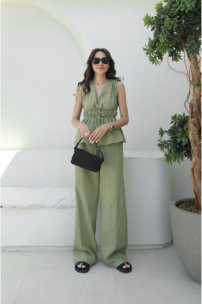 Havoş Çağla Green Rubber Detailed Blouse Trousers Set