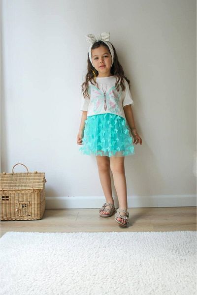 BİR DOZ ÇOCUK GÜLÜŞÜ Butterfly Printed Silvery Tee Butterfly Skirt Special Day Suit
