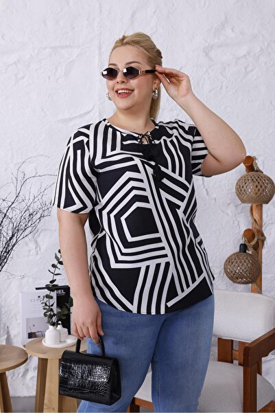 Siyezen Large Size Lace Detailed Patterned Blouse