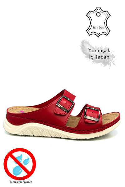 Moda Anna Διπλή ζώνη πόρπη Μαλακή και ελαφριά χοντρή σόλα Γυναικείες παντόφλες Αθλητικές παντόφλες 521/1 Κόκκινο