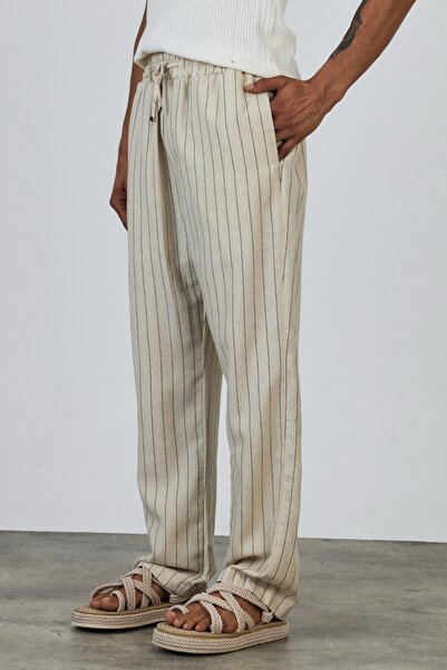 MADZEYMODA Premium Baggy Fit 100% Cotton Elastic Waist Black Striped Ecru Woven Pants Ls-23105