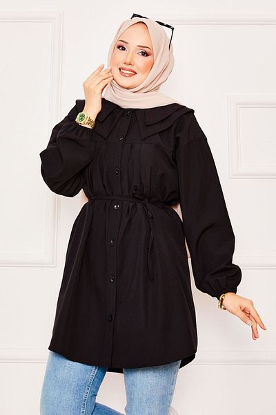 EBRUTESETTÜR Double Collar Lace-Up Waist Hijab Shirt