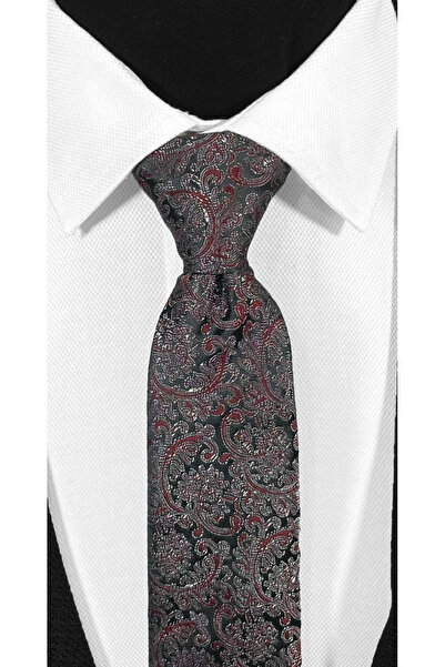 BLC Basic Line Co. Σετ γραβάτα και μαντήλι από μικροΐνες με μοτίβο μπορντό σε μαύρο φόντο - 7 cm Μοντέρνα κοπή