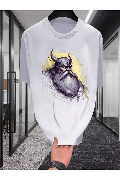 ELNOYA Cotton White Oversize T-Shirt Viking Spirit Printed Casual Daily T-Shirt