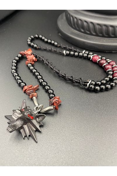 magıcgrange Men's Necklace Jasper Natural Stone Handmade Wolf Figured Special Design Alpha Mo