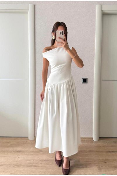 FMN Collection Boat Neck Waist Fitted Fold Wide Bell Skirt Design Equivalent Pinterest Midi Length Tok Fabric Dress