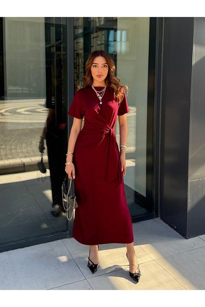 modaserdem Women's Short Sleeve Crew Neck Side Tie Viscose Two Thread Dress