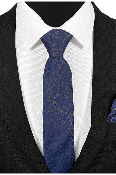 BLC Basic Line Co. Bitter Brown Color Shawl Patterned Microfiber Tie on Navy Blue Background - 7 cm Modern Cut