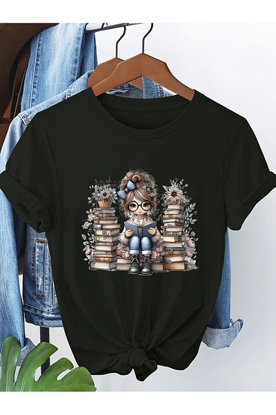 Pink Sky Cotton Oversize Girl Reading a Book and Flower Printed Short Sleeve Crew Neck Comfortable Casual T-Shirt