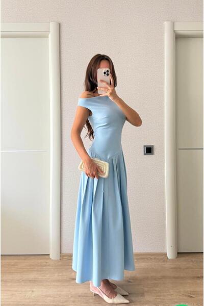 FMN Moda geniş kloş etek bele oturan pinterest marka muadil midi boy uzun tasarım kayık yaka çan şık elbise