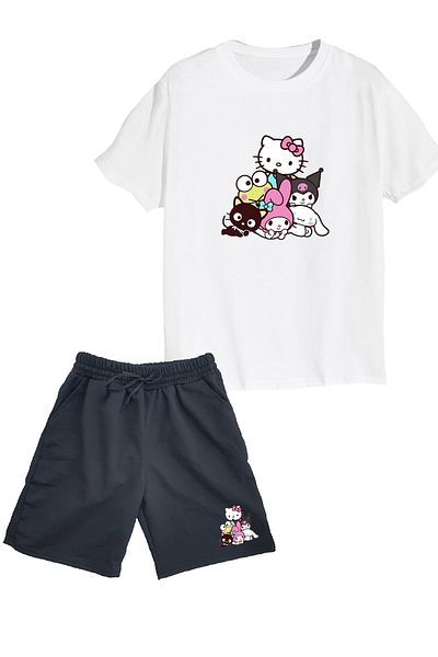 makiteks Set of 2 Printed Girls' Cotton Shorts Tshirt Suit Kuromi Hkitty 5 6 7 8 9 10 11 12 13 14 Years T-Shirt