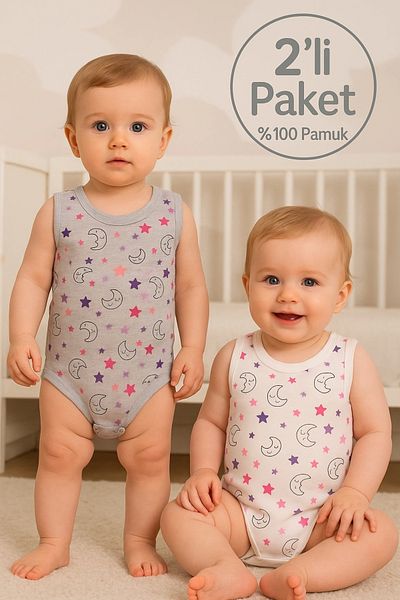 Babydonat Ayyıldız Patterned 2 Pack 100% Cotton Baby Girl Strappy Body Set