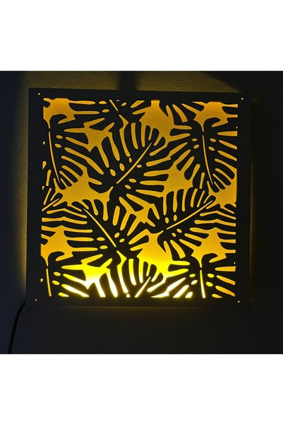 Dekoratif LED Aydınlatmalı Ahşap Duvar Paneli - 31x30 cm | (Palmiye Yaprakları) Gün Işığı Renkli